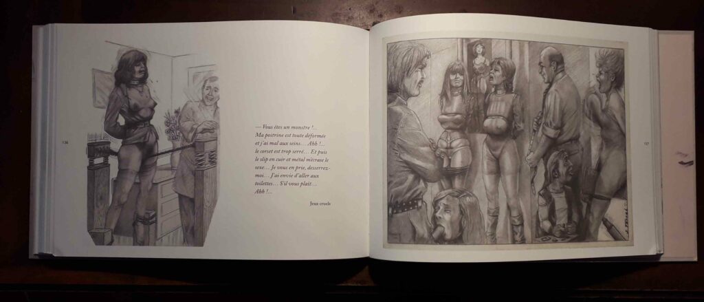 Double page du livre de Christophe Bier sur Joseph Farrel avec des dessins de femmes maltraitées