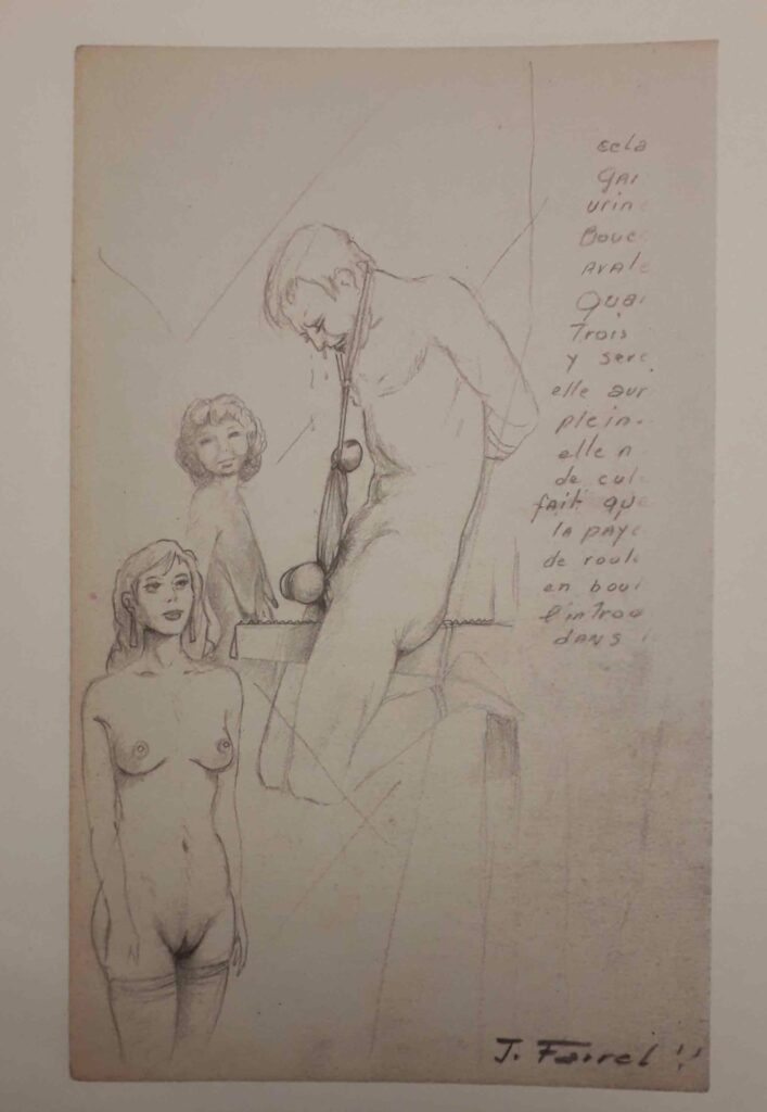 Dessin de Joseph Farrel d'un homme torturé devant une femme nue