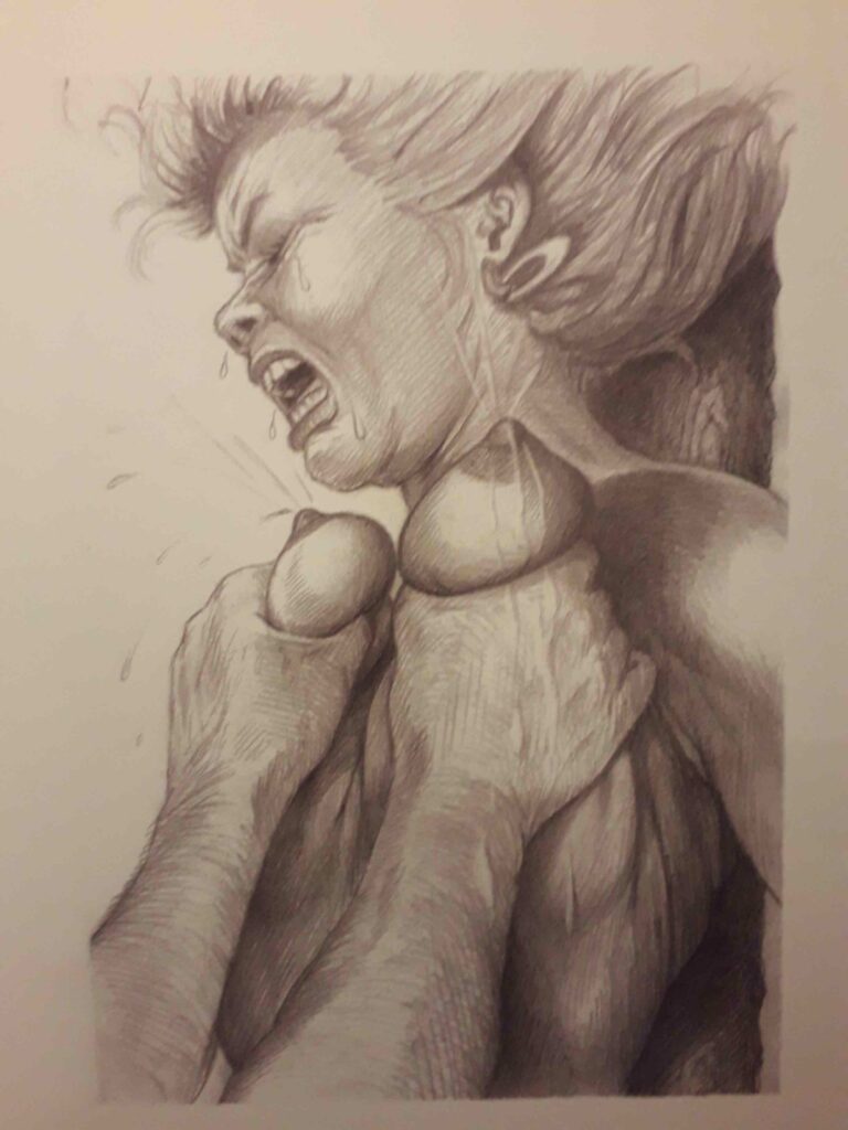 Dessin BDSM de Joseph Farrel : femme aux seins torturés