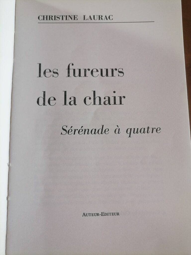 Page de titre du curiosa roman érotique 1972 Les Fureurs de la chair par Christine Laurac : Sérénade à quatre