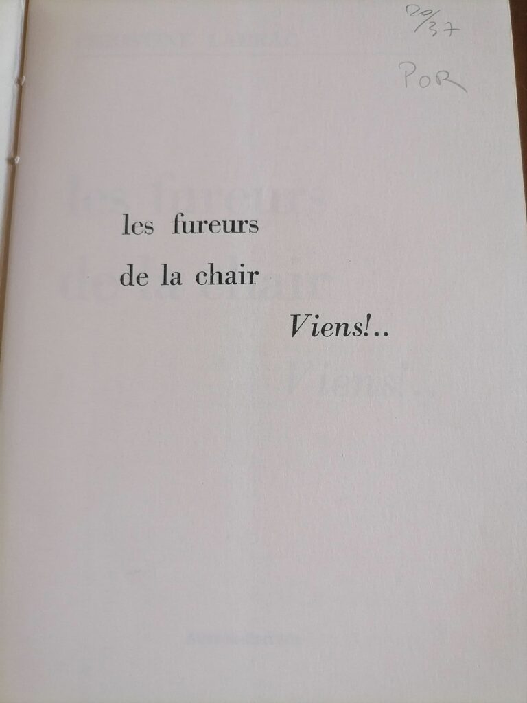 Page de titre du curiosa roman érotique 1972 Les Fureurs de la chair par Christine Laurac : Viens !