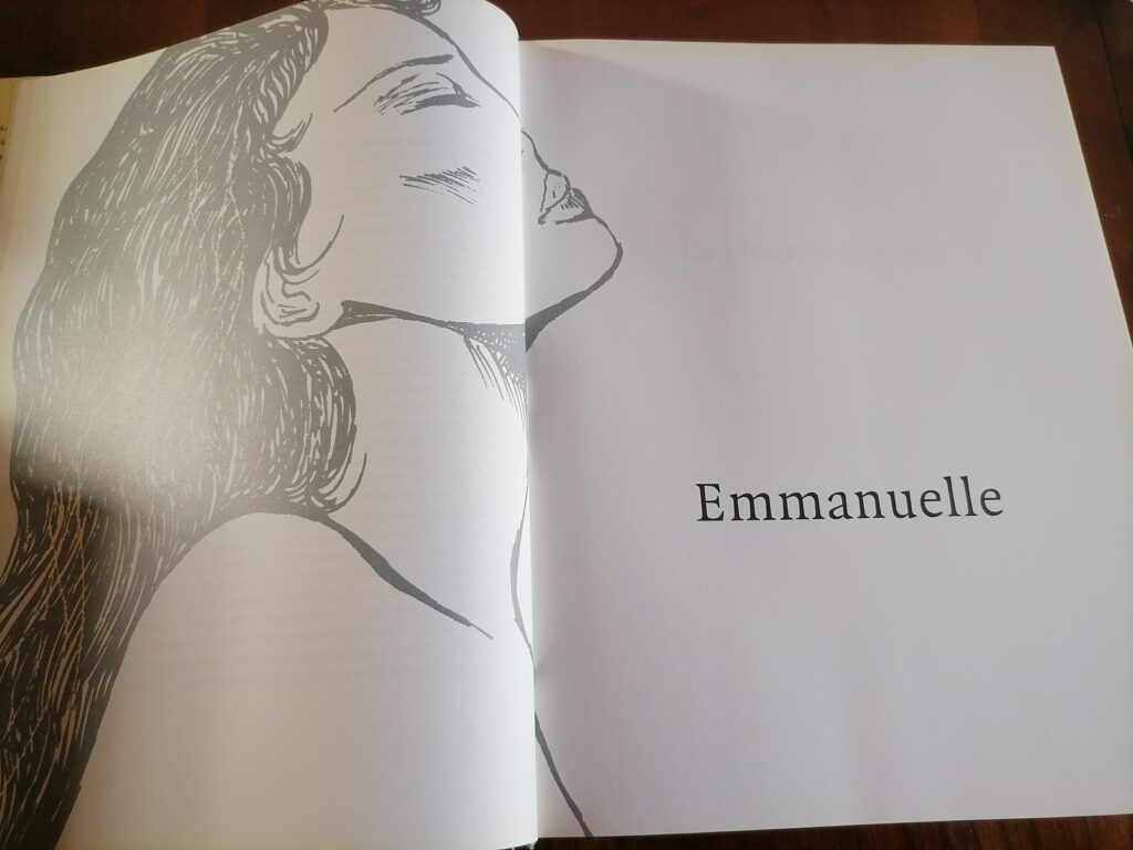 Ouverture de la BD érotique Emmanuelle de Guido Crepax dans le livre publié aux éditions Evergreen