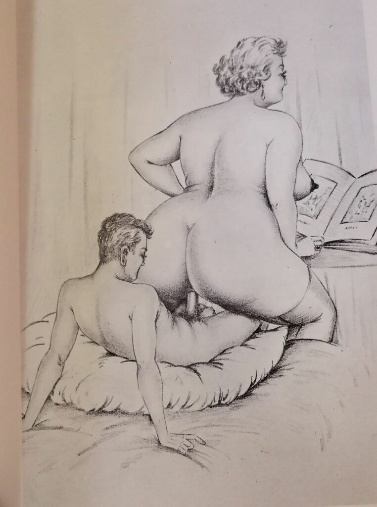 Dessin érotique noir et blanc pour le livre curiosa Hilda, Souvenirs humides d’une Dame du temps jadis, Lucy Maroger, Promo-Édition, 1982