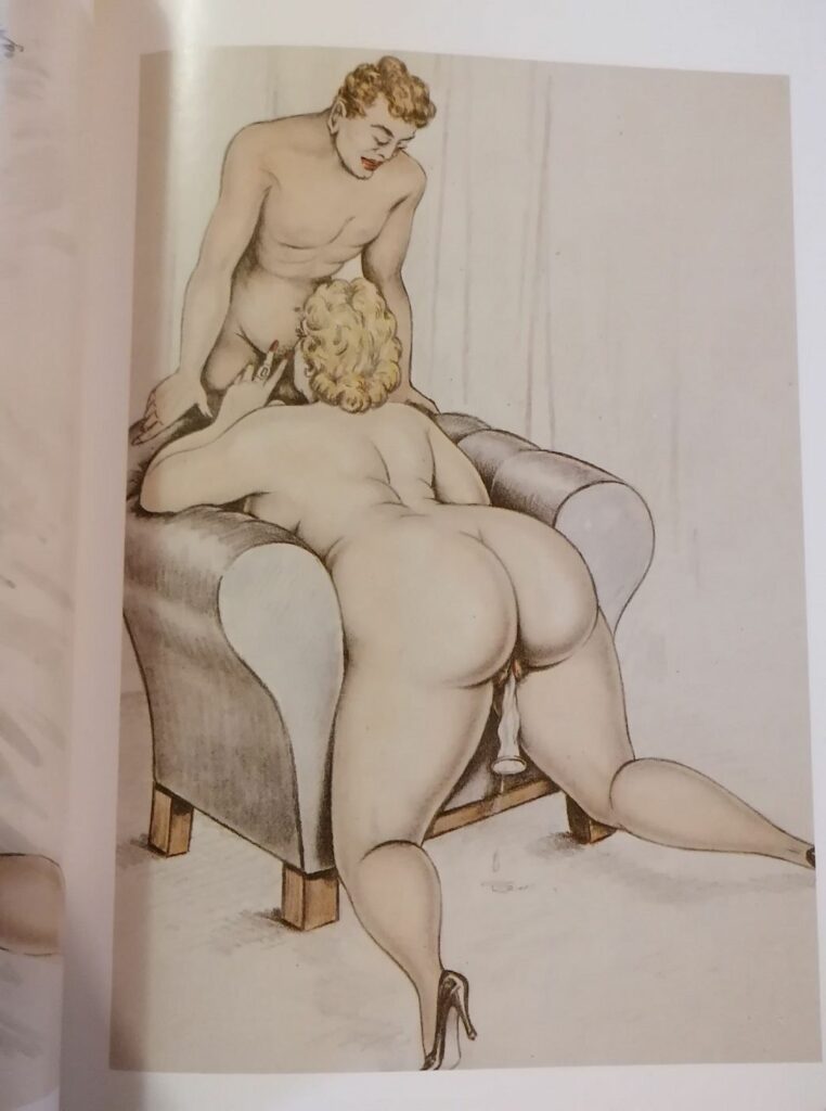 Dessin érotique couleurs pour le livre curiosa Hilda, Souvenirs humides d’une Dame du temps jadis, Lucy Maroger, Promo-Édition, 1982