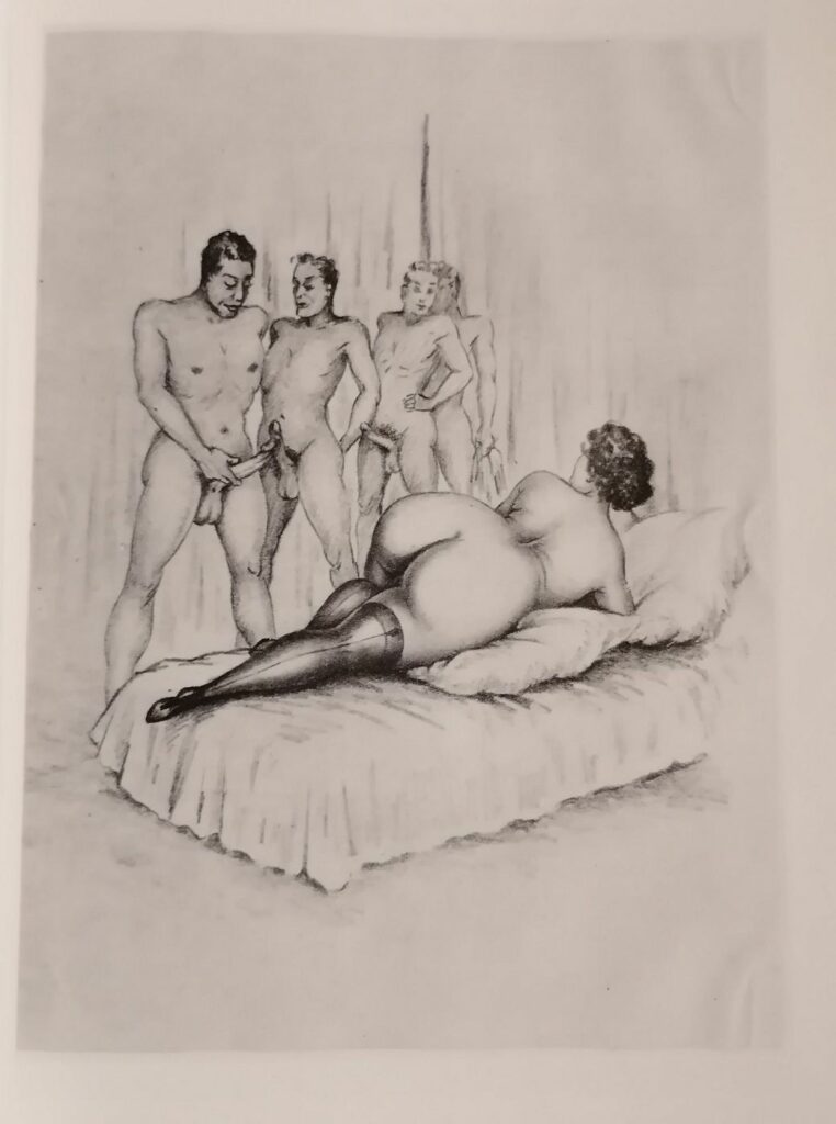 Illustration érotique noir et blanc pour le livre curiosa Hilda, Souvenirs humides d’une Dame du temps jadis, Lucy Maroger, Promo-Édition, 1982