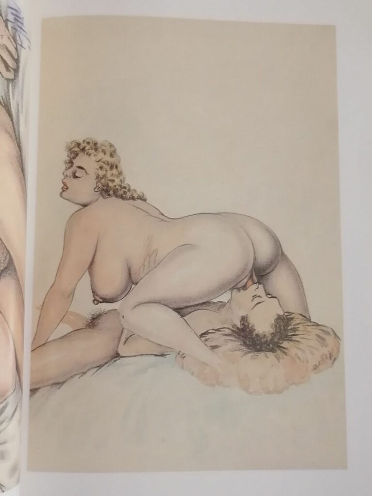 Illustration érotique couleurs pour le livre curiosa Hilda, Souvenirs humides d’une Dame du temps jadis, Lucy Maroger, Promo-Édition, 1982