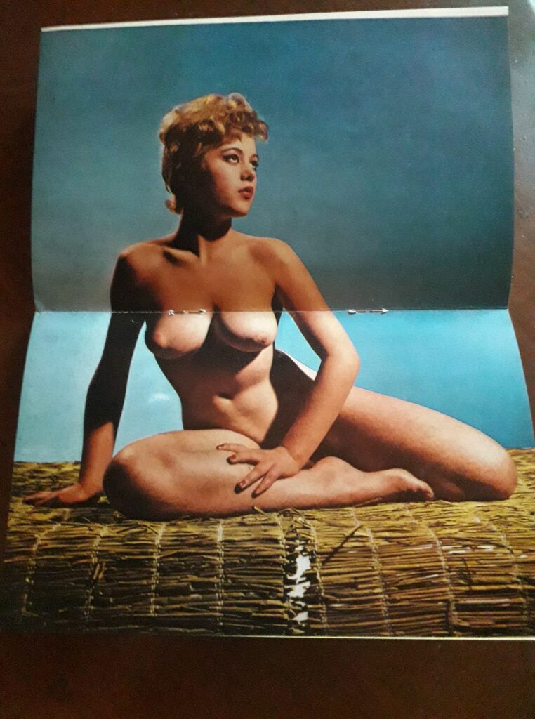 Poster central érotique vintage d'une femme aux seins nus dans la revue La Femme, années 1960