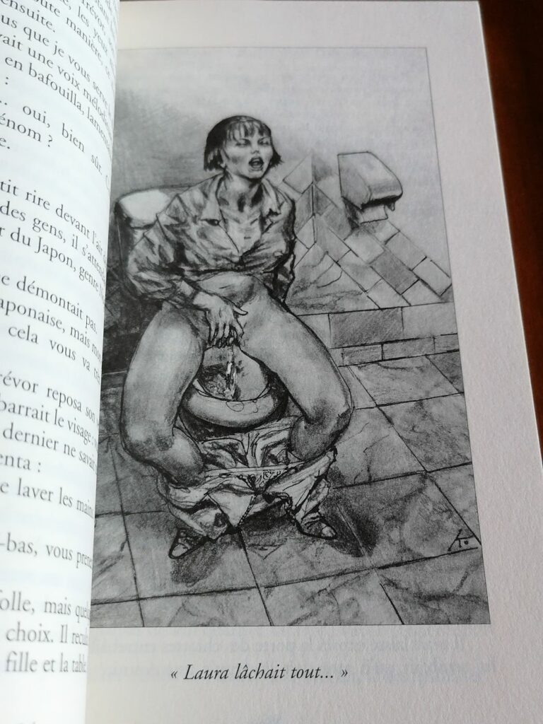 Illustration érotique femme urinant aux toilettes par Karla pour le roman BDSM La Sodominatrice de Etienne Arsenal aux éditions Sabine Fournier, collection les Aphrodisiaques