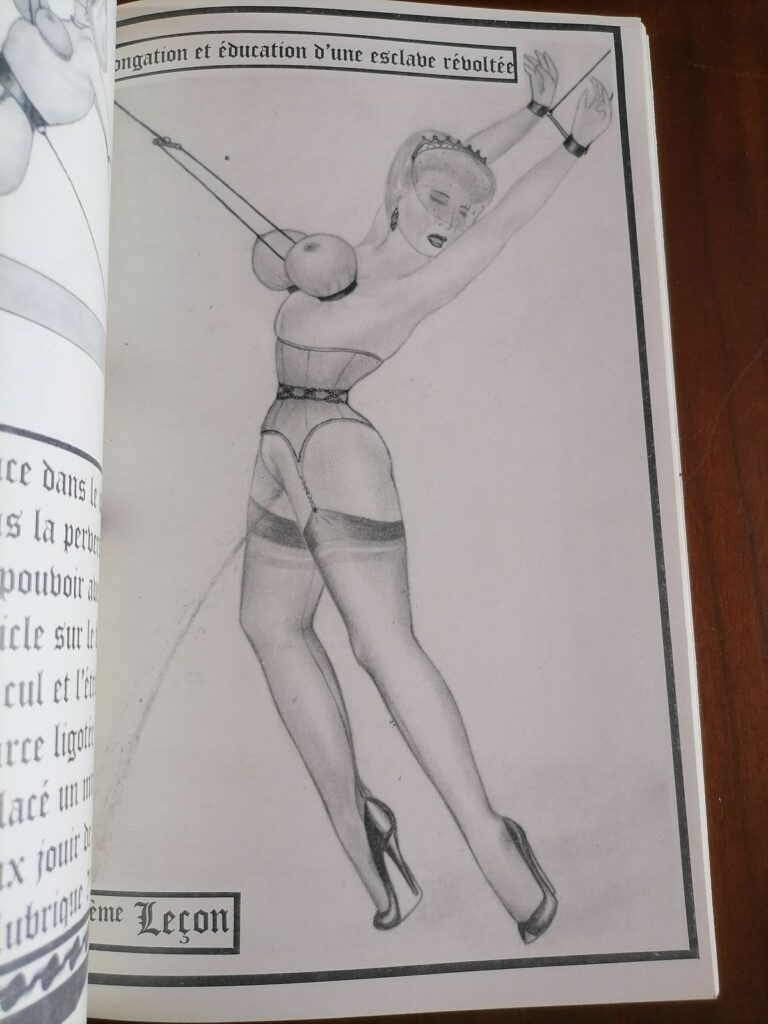 Dessin BDSM femme attachée seins torturés extrait du livre de Francis Pinckle Leçons d'avilissement pour esclaves uro-scato, éditions Defi, 1988