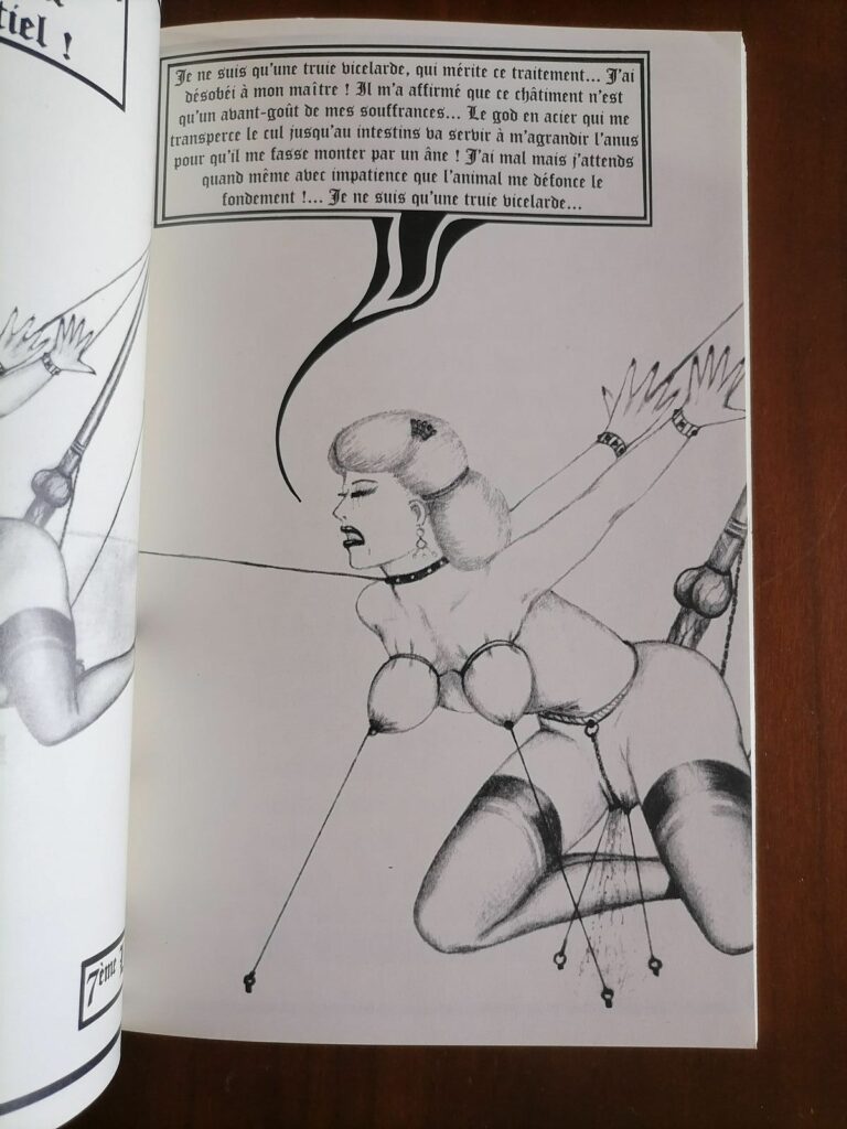 Dessin BDSM seins torturés de Francis Pinckle dans Leçons d'avilissement pour esclaves uro-scato, éditions Defi, 1988