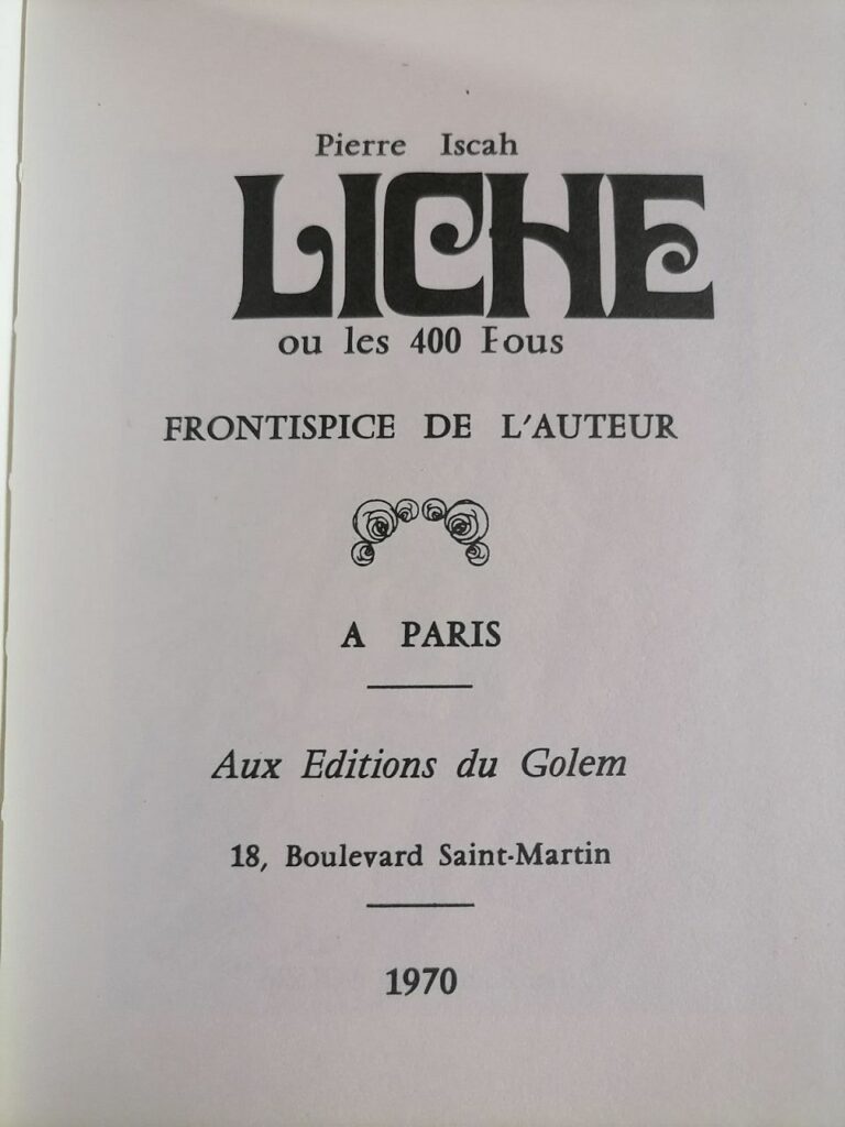 Page de titre roman érotique curiosa Liche ou les 400 Fous, Pierre Iscah, éditions du Golem, 1970