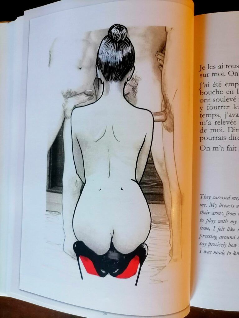 Dessin érotique de Hector Domiane femme à genoux de dos en talons entourée d'hommes
