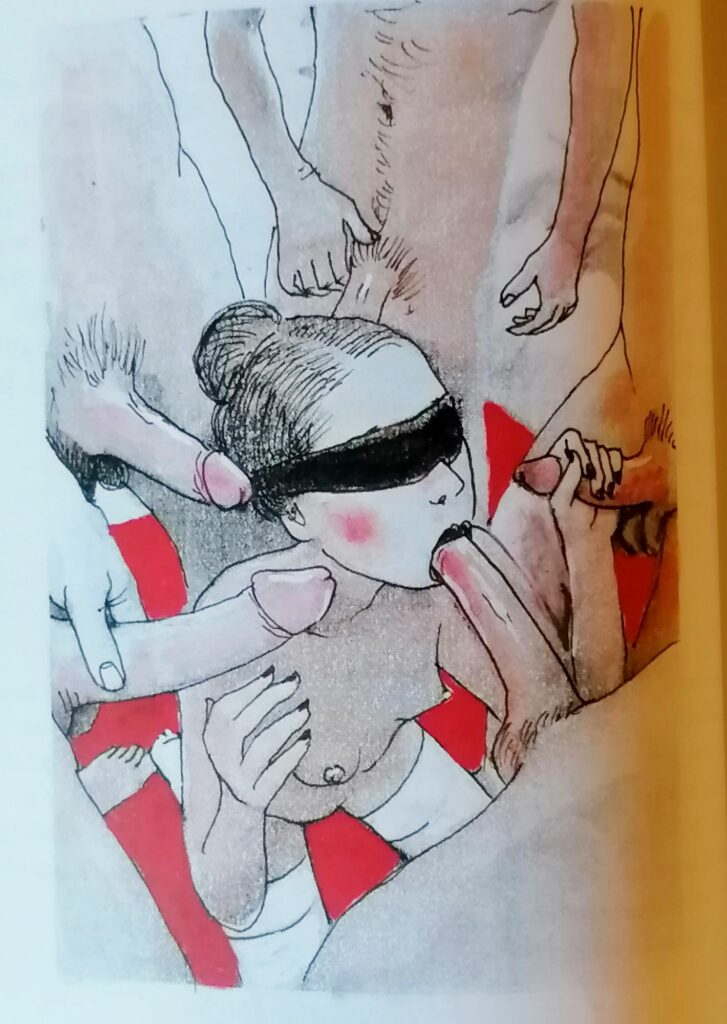 Dessin pornogrpahique de Hector Domiane femme nue à genoux les yeux bandés entourée de sexes masculins