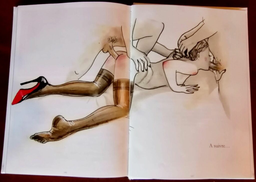 Dessin porographique de Hector Domiane femme en bas et talons prise par deux hommes
