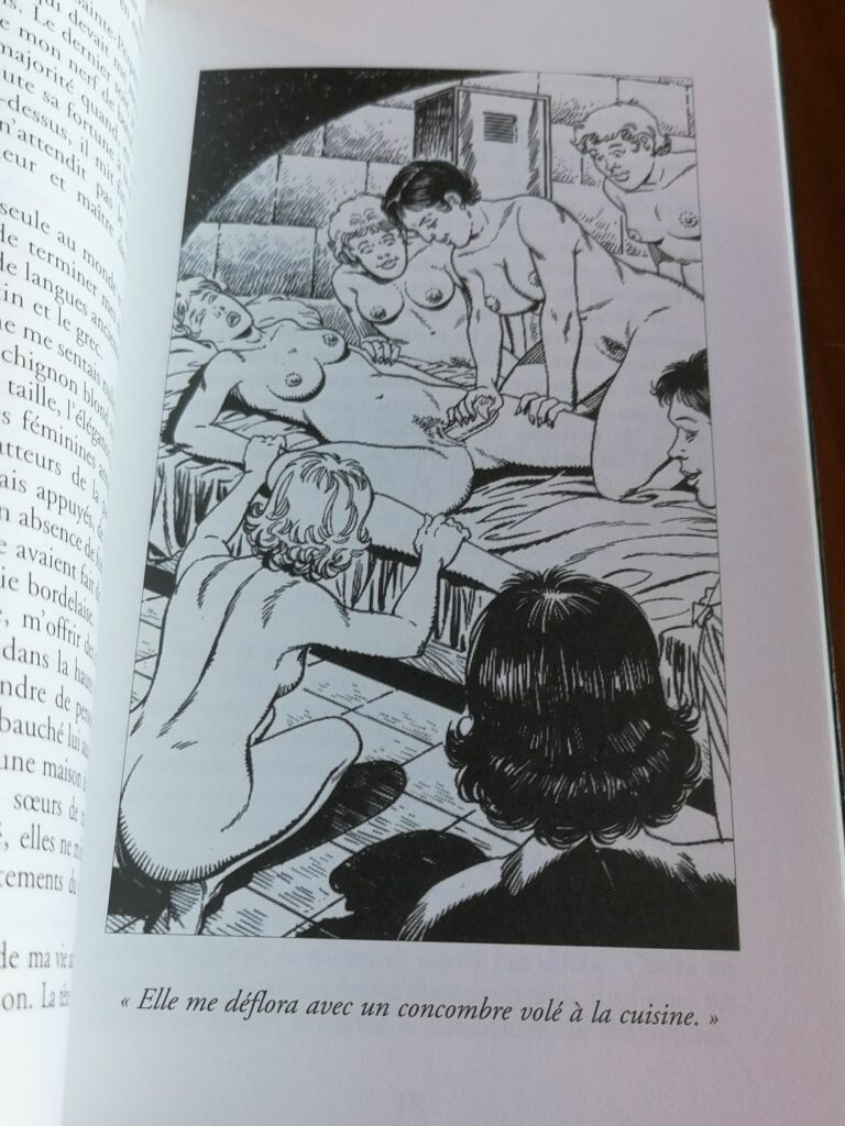 Illustration érotique de Chris défloration pour le roman érotique Mémoires d'une institutrice anglaise, par Lydia de Colson, aux éditions Sabine Fournier, collection Châtiments corporels (Esparbec)