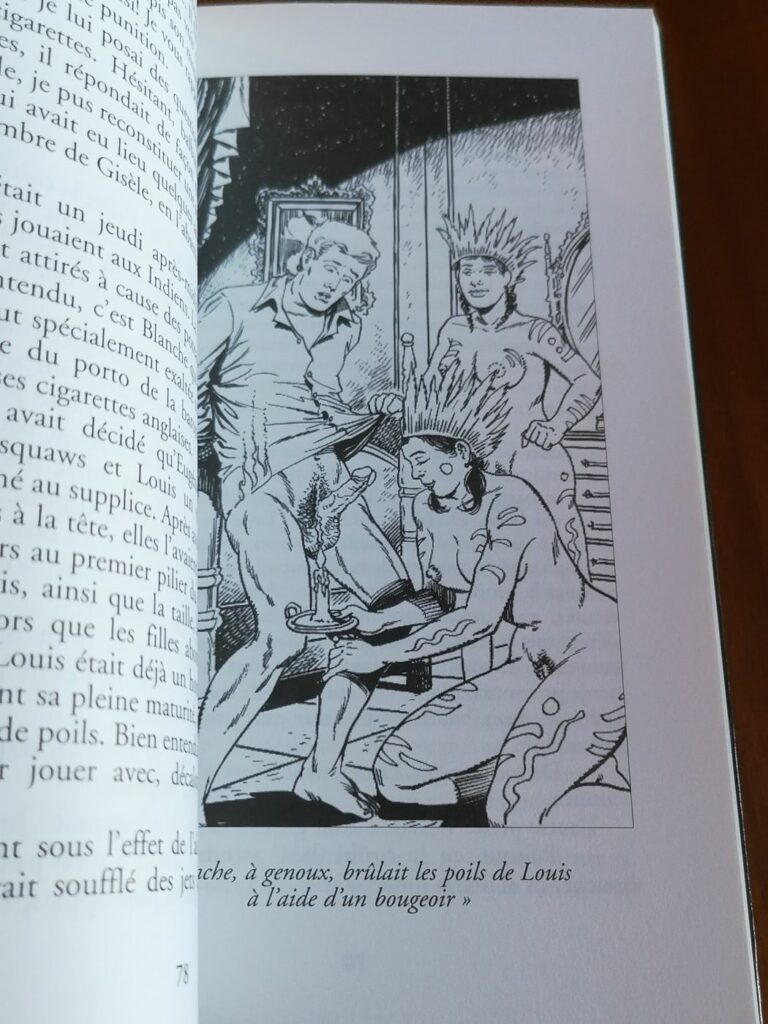 Illustration BDSM de Chris homme soumis à des femmes pour le roman érotique Mémoires d'une institutrice anglaise, par Lydia de Colson, aux éditions Sabine Fournier, collection Châtiments corporels (Esparbec)