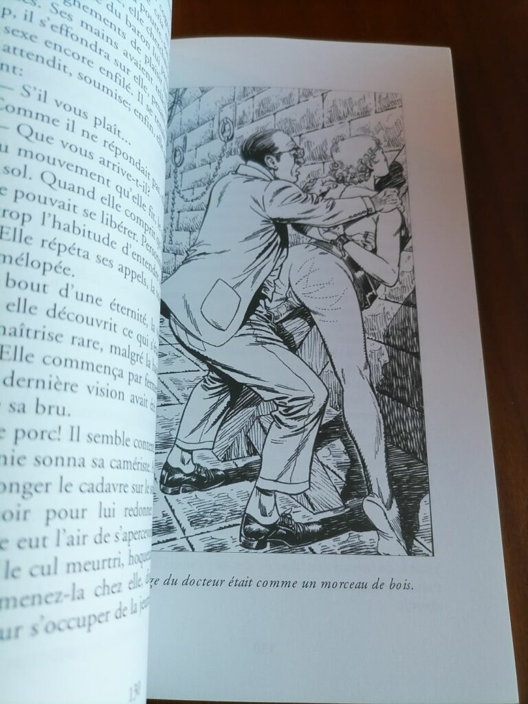 Illustration BDSM de Chris femme prise contre un mur pour le roman érotique Noces de fouet par Bernard Margeride aux éditions Sabine Fournier, collection Châtiments corporels (Esparbec)