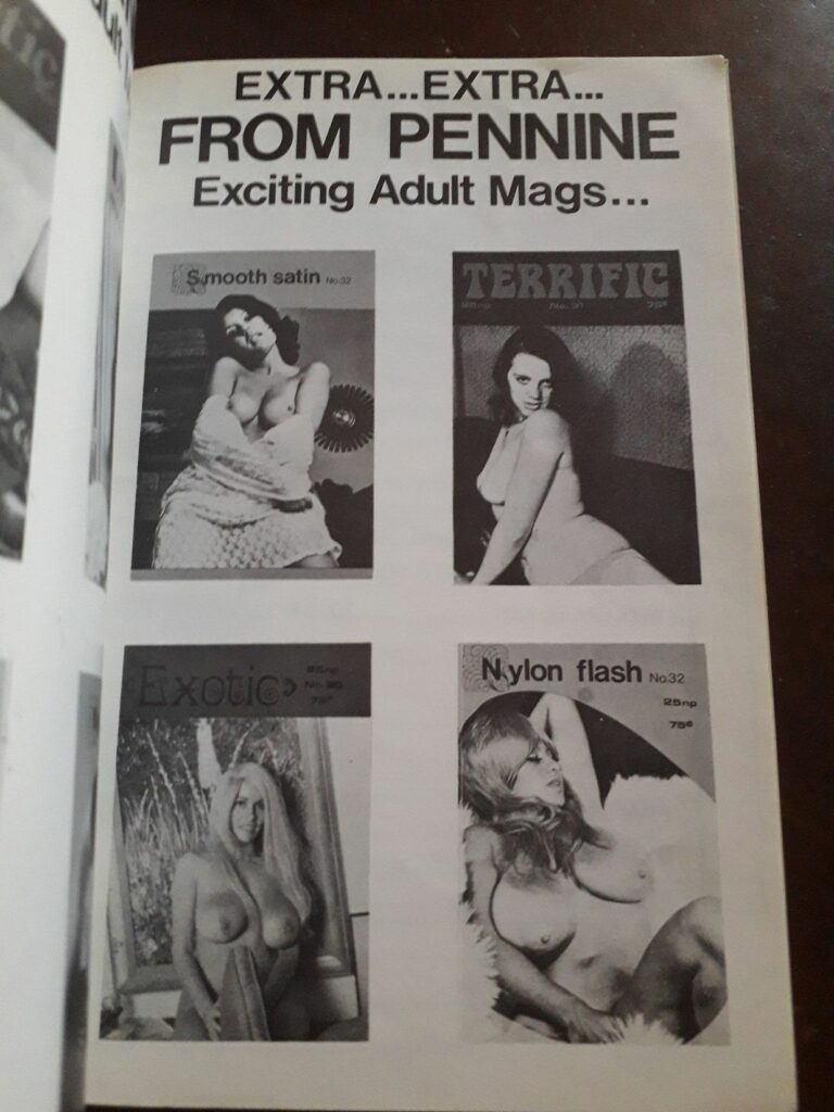 Publicité Pennine Magazines pour les revues érotiques Smooth Satin, Terrific, Exotic et Nylon Flash