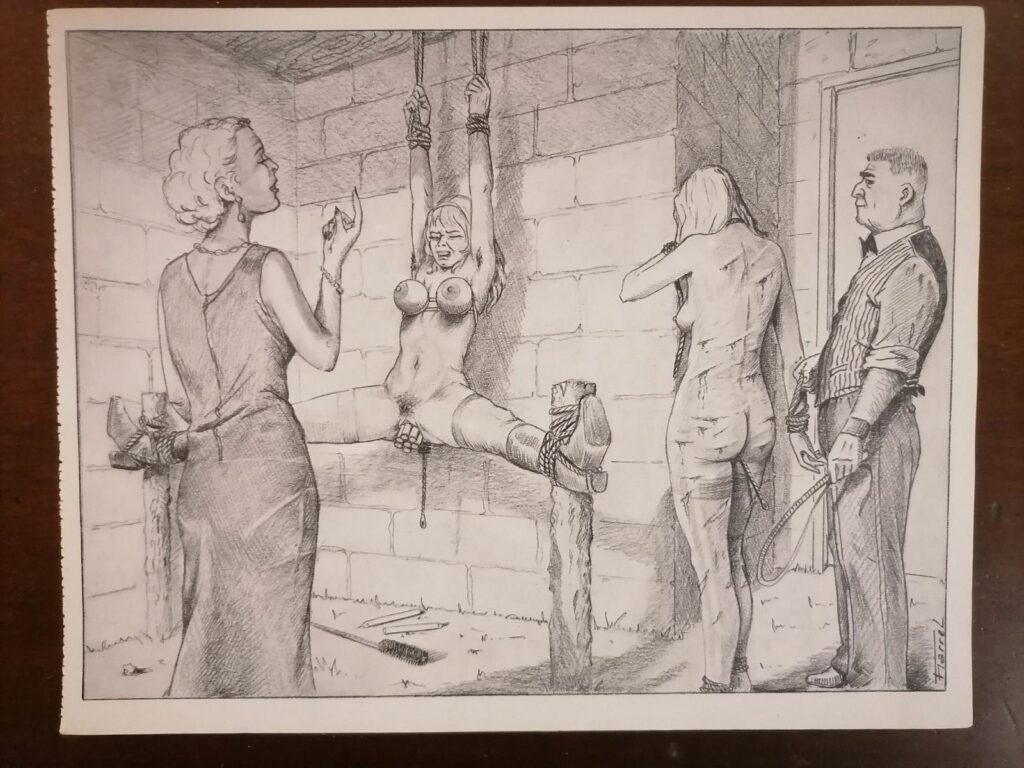 Illustration BDSM de Joseph Farrel femme attachée et écartée tirée du livre Parfums de souffrance, éditions Dominique Leroy, 1978