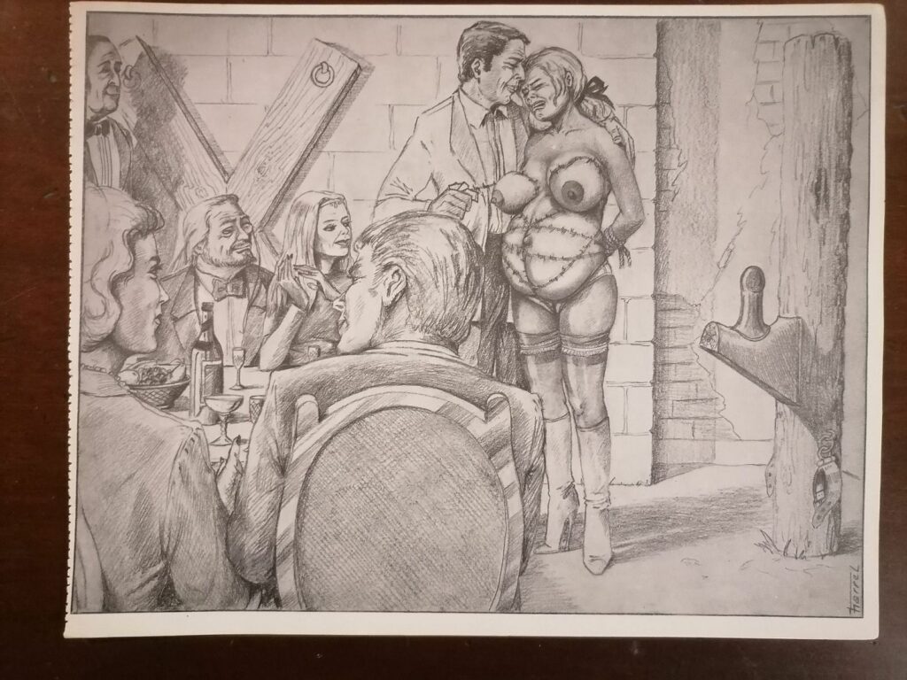 Illustration BDSM de Joseph Farrel femme aux seins torturés en public tirée du livre Parfums de souffrance, éditions Dominique Leroy, 1978