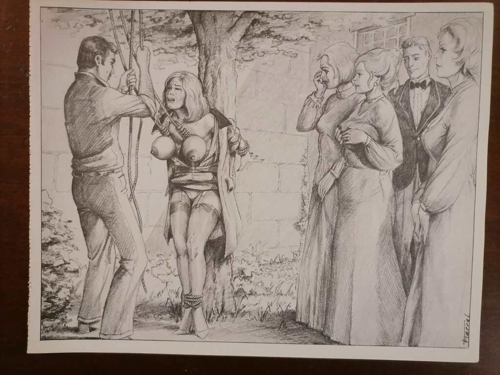 Illustration BDSM de Joseph Farrel femme aux seins torturés en public tirée du livre Parfums de souffrance, éditions Dominique Leroy, 1978