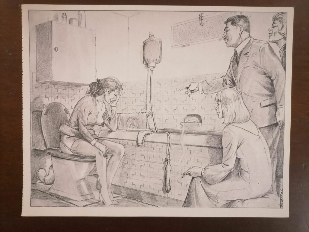 Illustration BDSM de Joseph Farrel femme humiliée lavement tirée du livre Parfums de souffrance, éditions Dominique Leroy, 1978