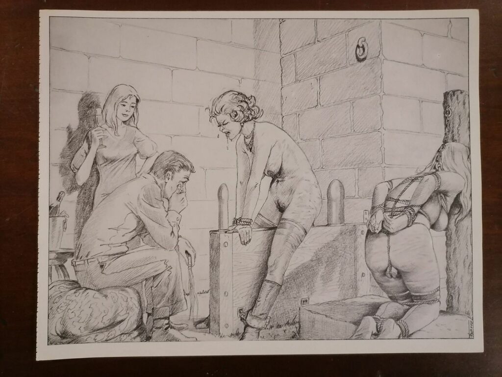 Illustration BDSM de Joseph Farrel femmes attachées et humiliées tirée du livre Parfums de souffrance, éditions Dominique Leroy, 1978