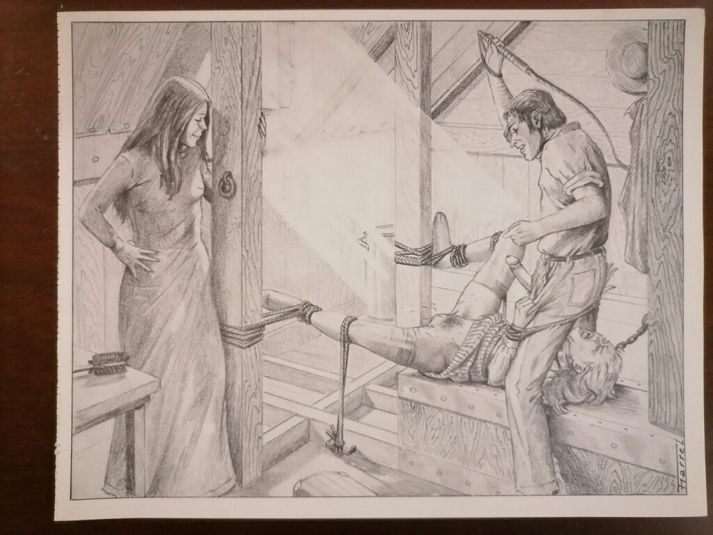 Illustration BDSM de Joseph Farrel femme fouettée tirée du livre Parfums de souffrance, éditions Dominique Leroy, 1978