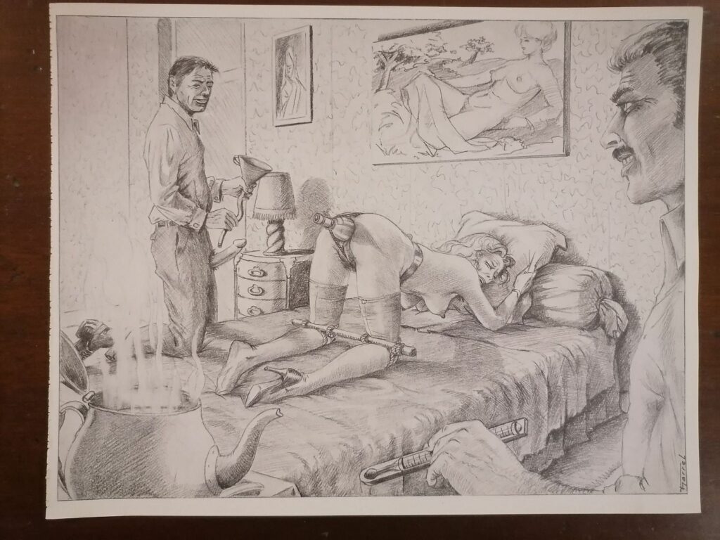 Illustration BDSM de Joseph Farrel femme torturée insertion d'objet par des femmes tirée du livre Parfums de souffrance, éditions Dominique Leroy, 1978