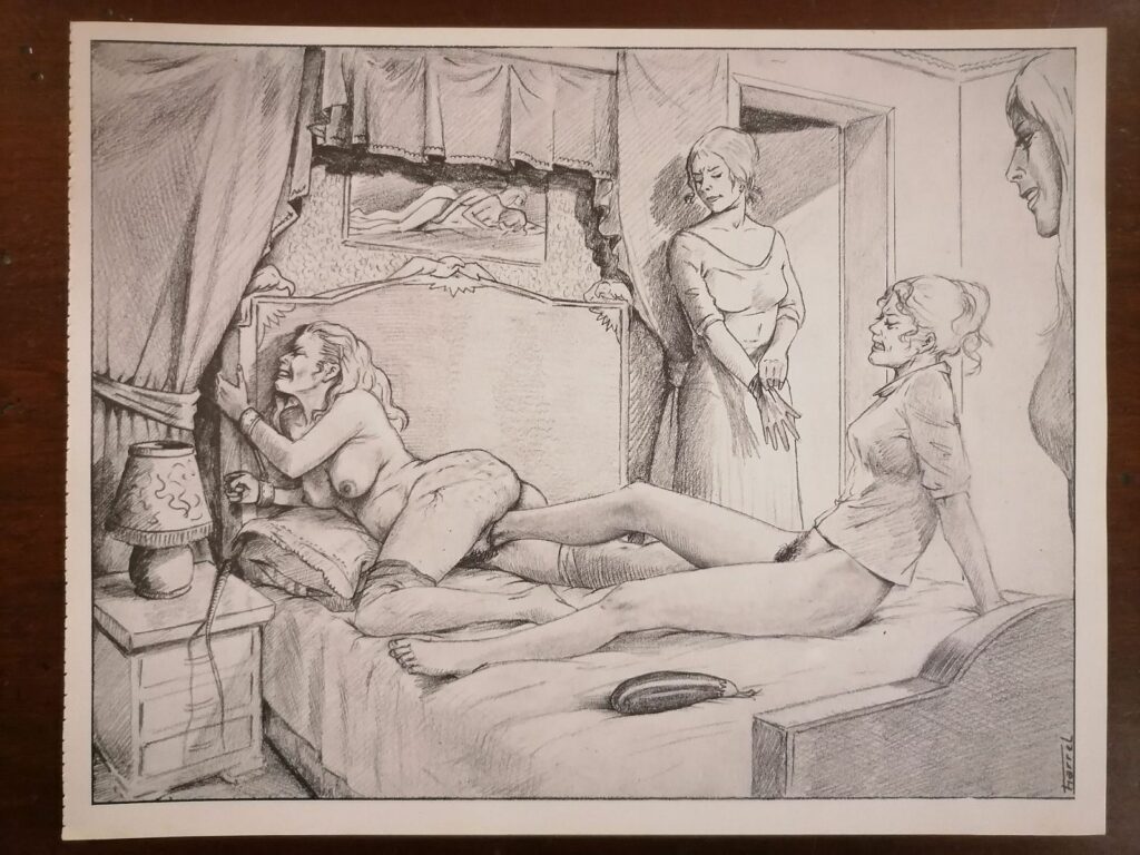 Illustration BDSM de Joseph Farrel femme torturée par des femmes tirée du livre Parfums de souffrance, éditions Dominique Leroy, 1978