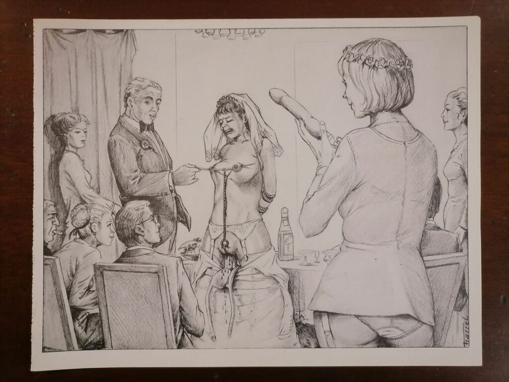 Illustration BDSM de Joseph Farrel femme torturée tirée du livre Parfums de souffrance, éditions Dominique Leroy, 1978