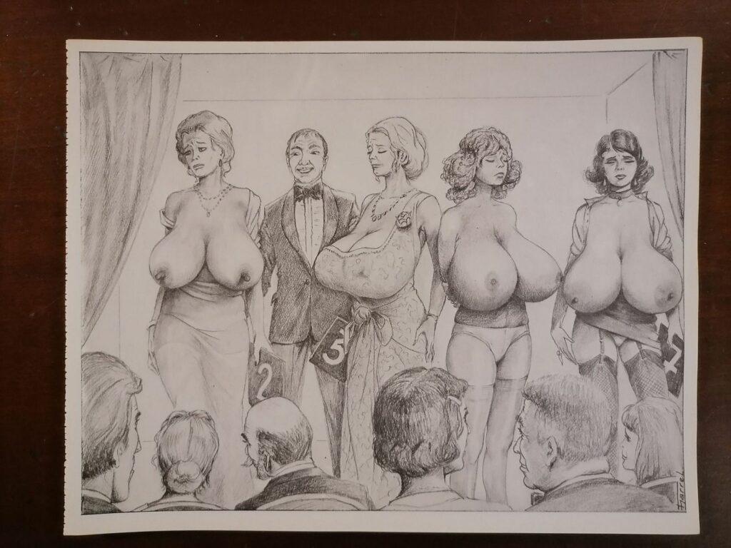 Illustration érotiques de Joseph Farrel femme aux seins énormes présentées en public tirée du livre Parfums de souffrance, éditions Dominique Leroy, 1978