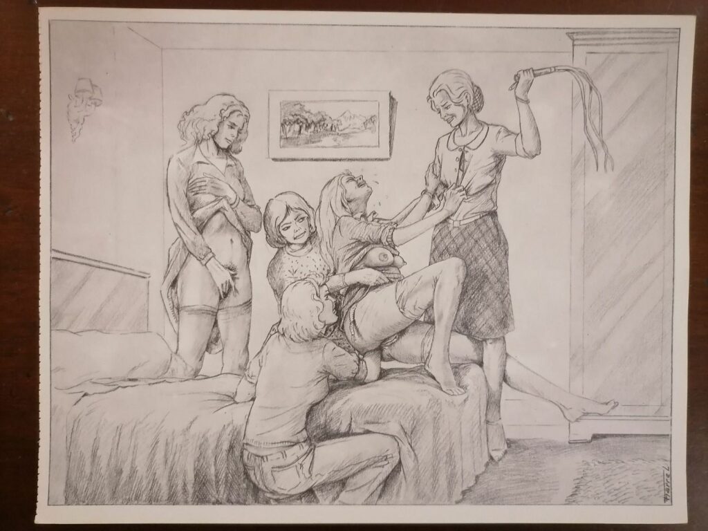 Illustration BDSM de Joseph Farrel femme maltraitée par des femmes tirée du livre Parfums de souffrance, éditions Dominique Leroy, 1978