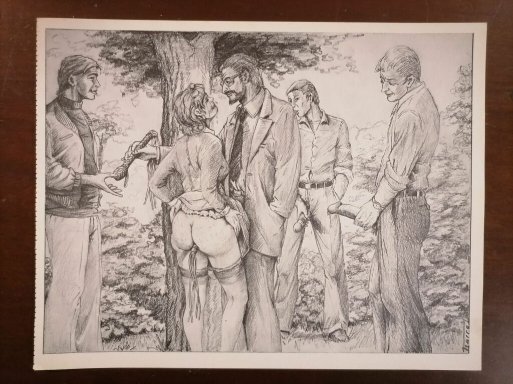 Illustration BDSM de Joseph Farrel femme humiliée tirée du livre Parfums de souffrance, éditions Dominique Leroy, 1978