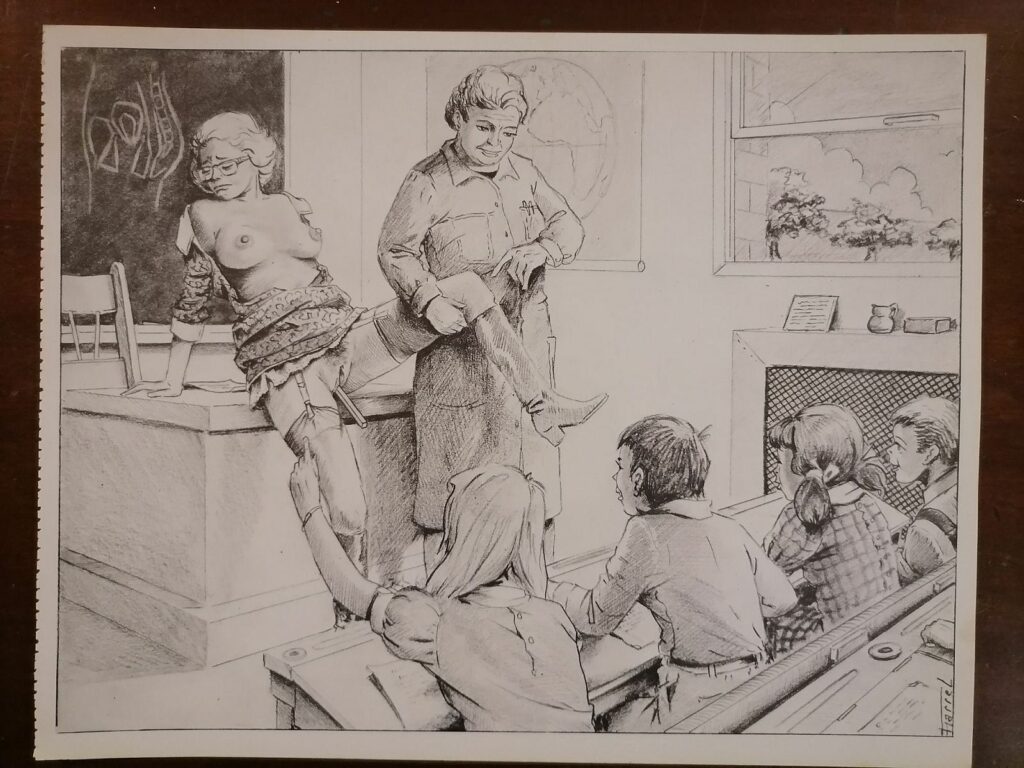 Illustration BDSM de Joseph Farrel femme humiliée tirée du livre Parfums de souffrance, éditions Dominique Leroy, 1978