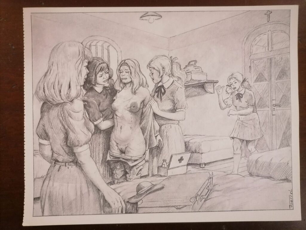 Illustration BDSM de Joseph Farrel femme humiliée déshabillée en public tirée du livre Parfums de souffrance, éditions Dominique Leroy, 1978