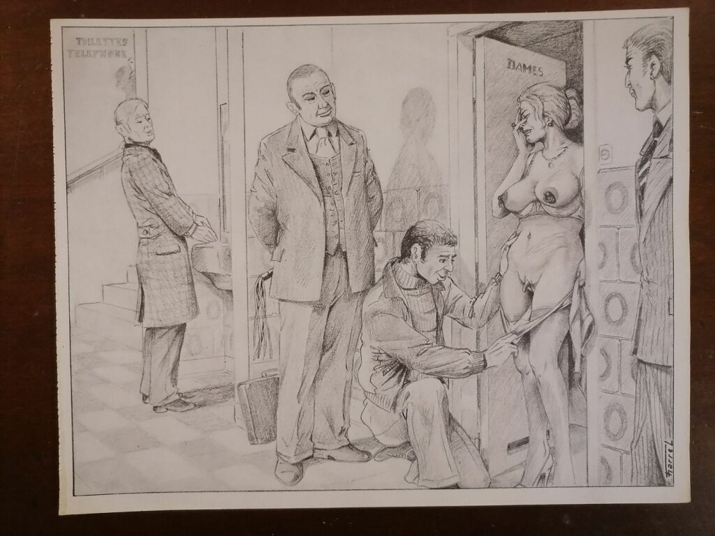 Illustration BDSM de Joseph Farrel femme au gros clitoris humiliée en public tirée du livre Parfums de souffrance, éditions Dominique Leroy, 1978