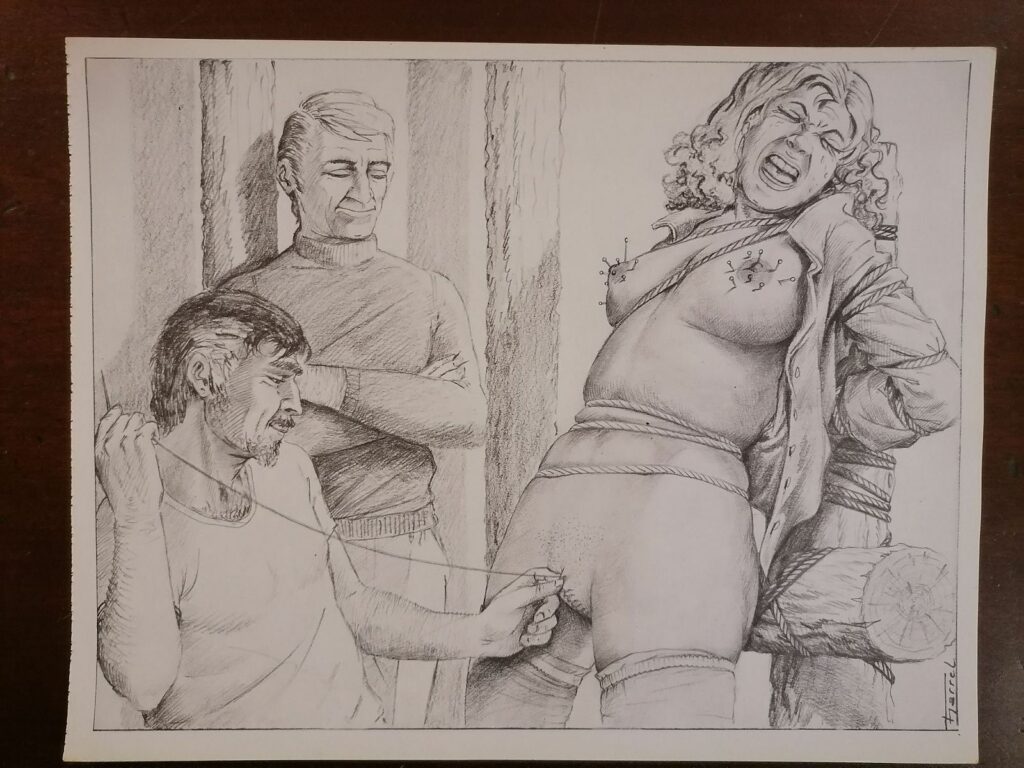 Illustration BDSM de Joseph Farrel femme torturée tirée du livre Parfums de souffrance, éditions Dominique Leroy, 1978