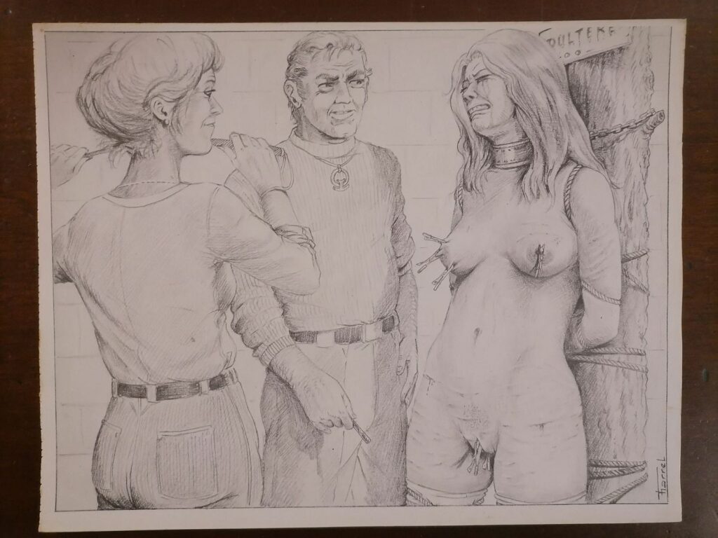 Illustration BDSM de Joseph Farrel femme fouettée et torturée tirée du livre Parfums de souffrance, éditions Dominique Leroy, 1978