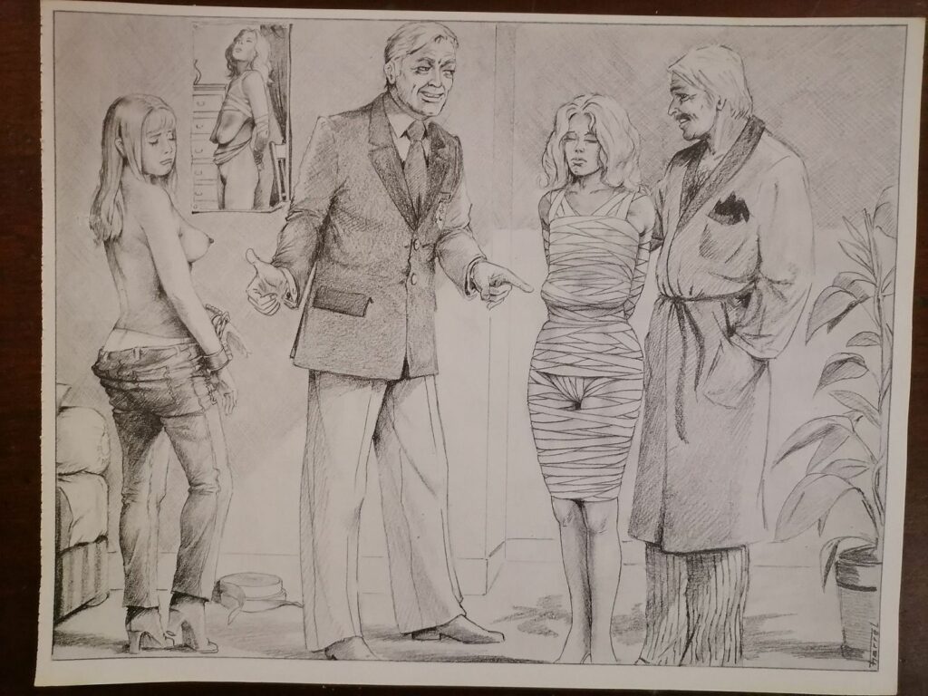 Illustration BDSM de Joseph Farrel tirée du livre Parfums de souffrance, éditions Dominique Leroy, 1978