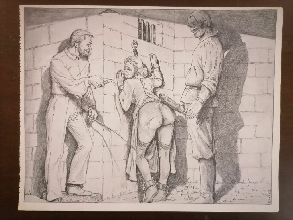 Illustration BDSM de Joseph Farrel femme soumise fouettée tirée du livre Parfums de souffrance, éditions Dominique Leroy, 1978