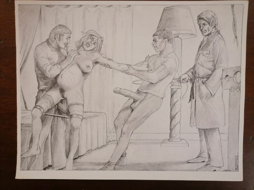 Illustration BDSM de Joseph Farrel femme maltraitée tirée du livre Parfums de souffrance, éditions Dominique Leroy, 1978