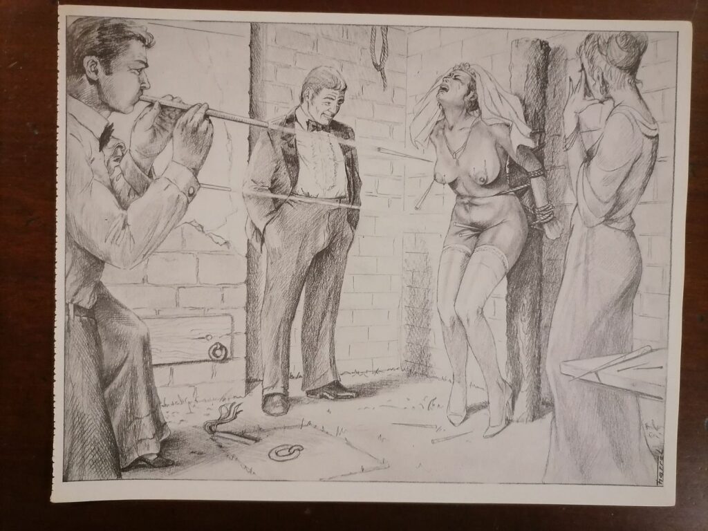 Illustration BDSM de Joseph Farrel femme torturés avec des fléchettes tirée du livre Parfums de souffrance, éditions Dominique Leroy, 1978