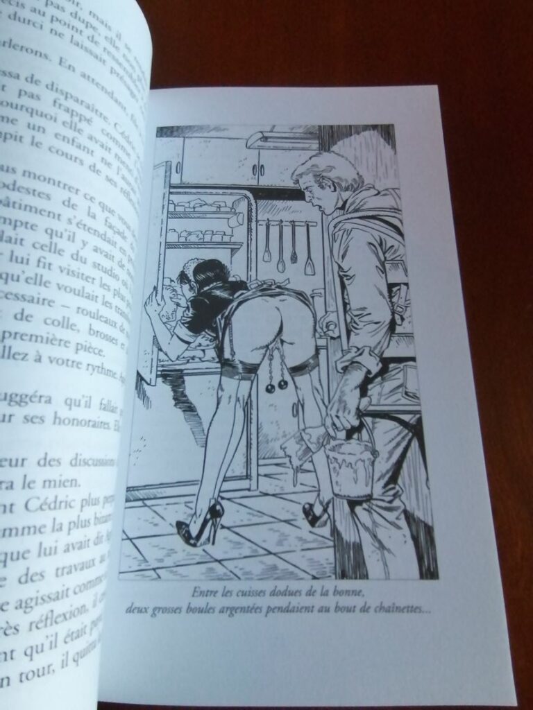 Illustration érotique de Chris soubrette qui s'exhibe avec des poids attachés au sexe pour le roman Les Prêtresses de la souffrance par Virginie Hardstone aux éditions Sabine Fournier, collection Châtiments corporels (Esparbec)
