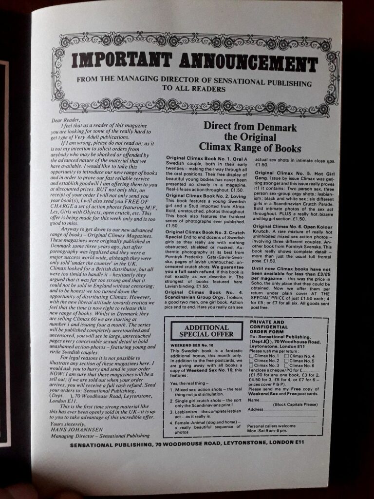 Publicité dans la revue érotique Private pour du contenu pornographique Climax