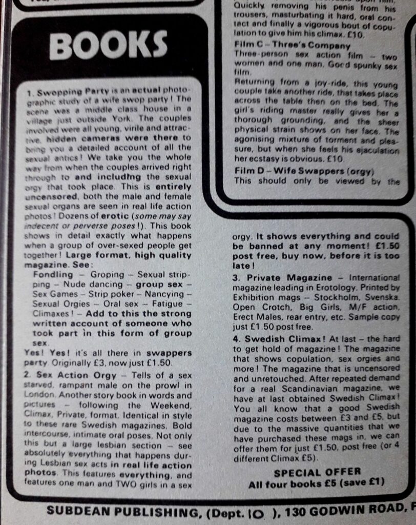 Publicité dans le magazine Private pour du contenu pornographique : Sex Action Orgy, Wife swappers, Swedish Climax, Swepping Party