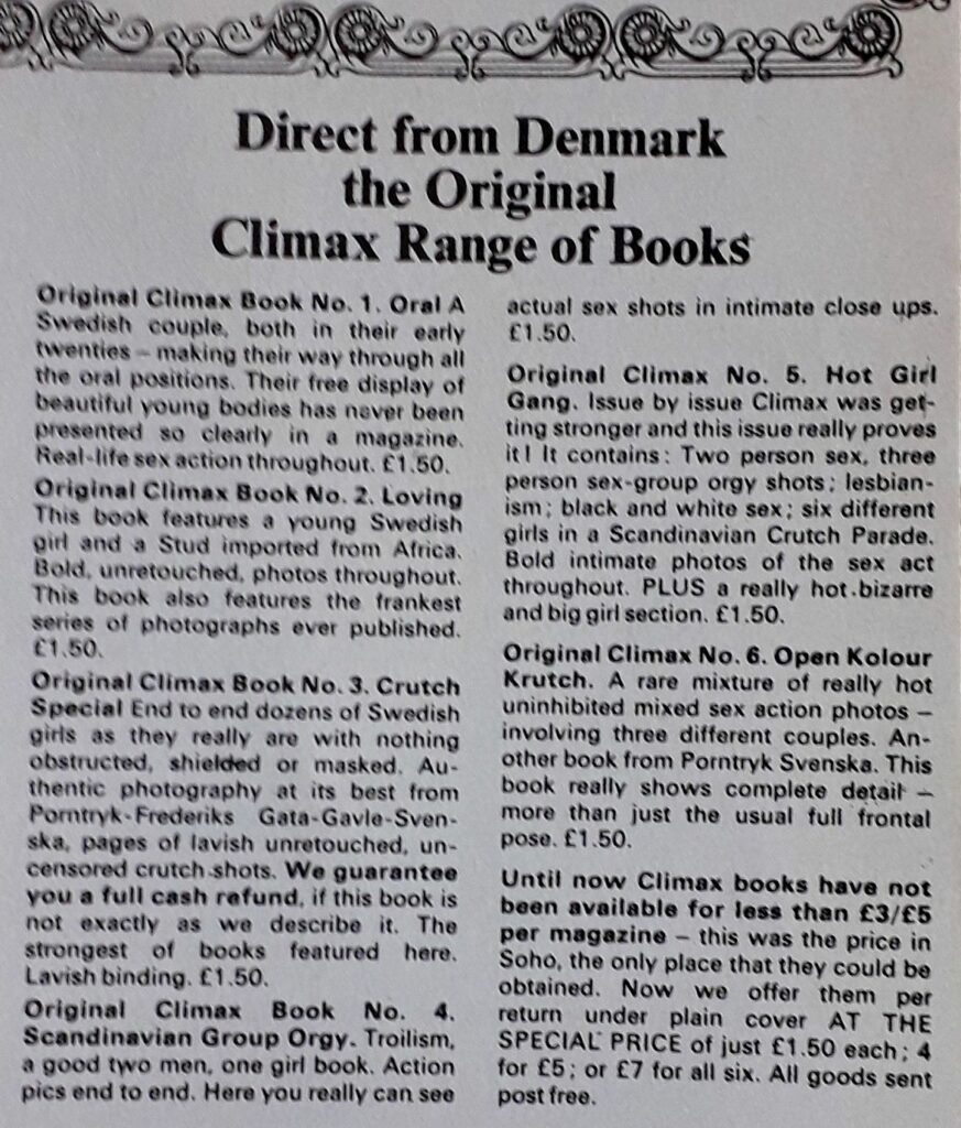 Publicité dans la revue érotique Private pour des livres et revues pornographiques Climax