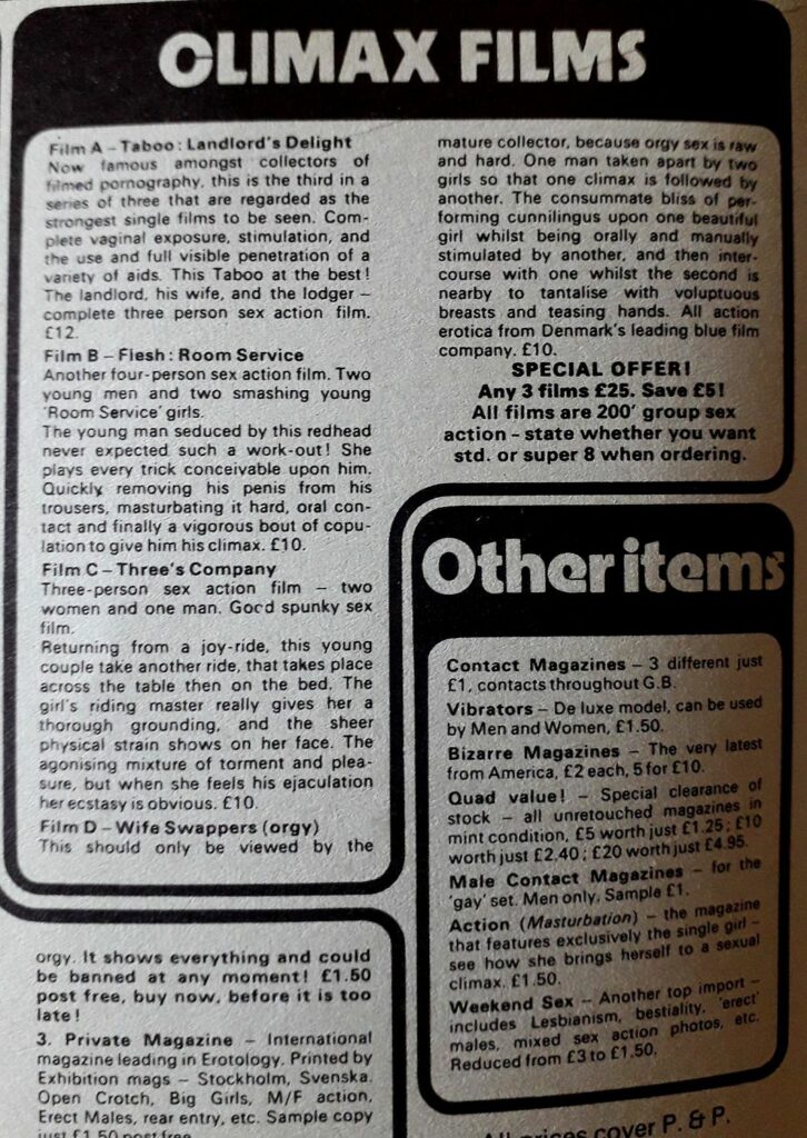 Page publicitaire dans la revue érotique Private pour des films pornographiques Climax