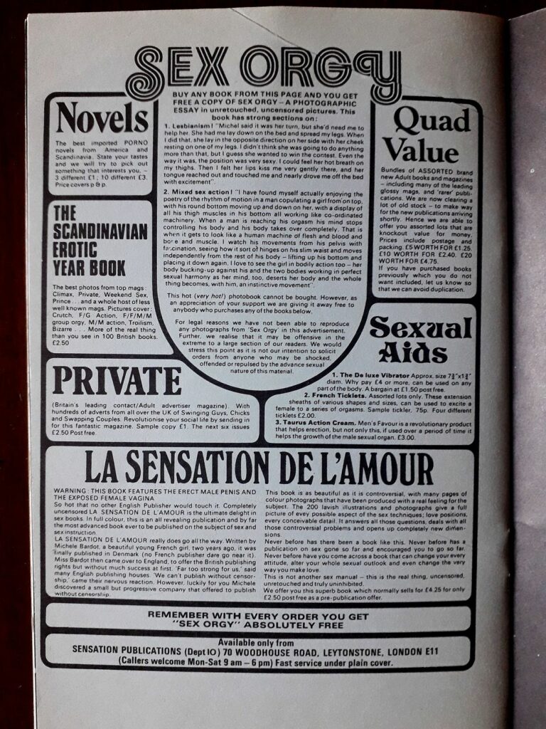 Page publicitaire dans la revue pour hommes Private pour des livres et accessoires pornographiques