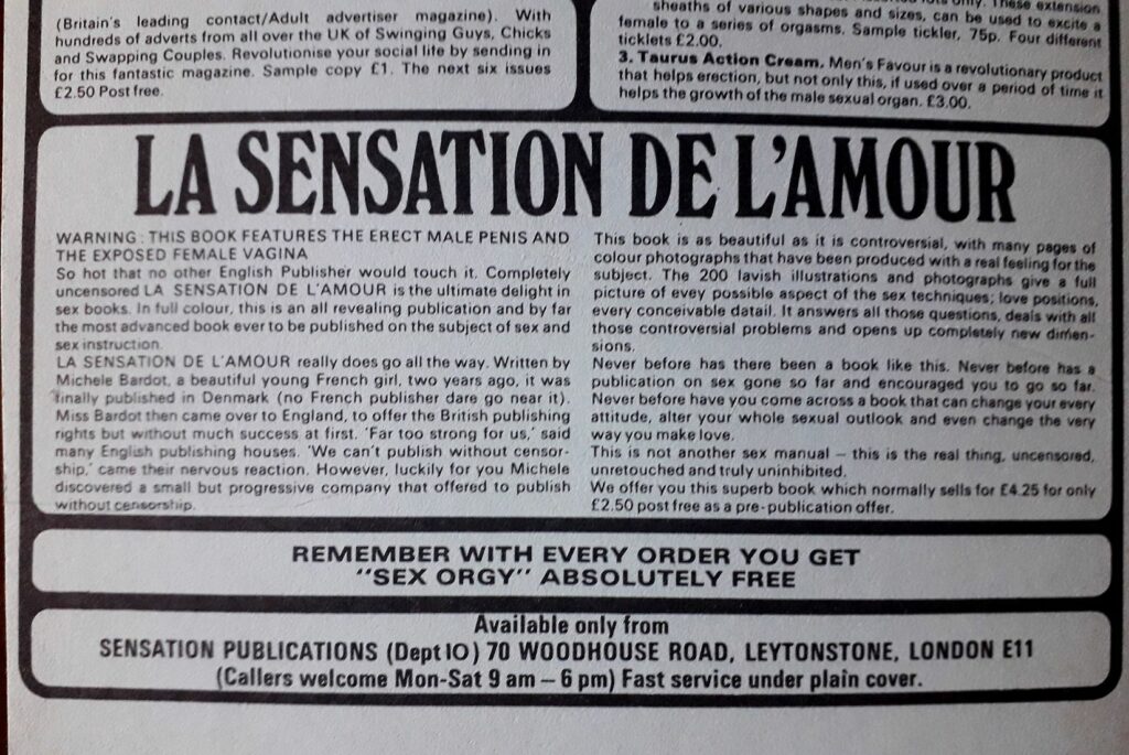 Publicité dans la revue érotique Private pour La Sensation de l'amour, chez Sensation Publications